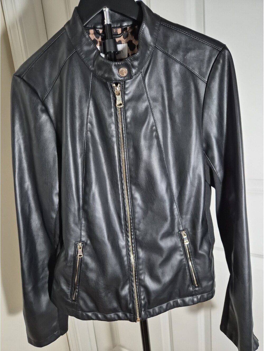 Calvin Klein Black Faux Leather Jacket Full Zip With Zip Pockets Size Medium